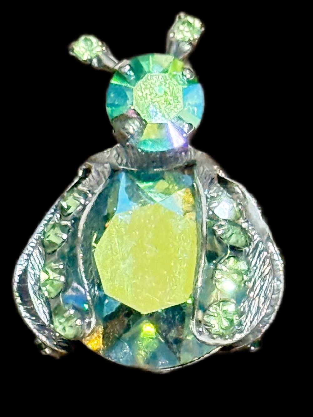 Vintage Warner Signed Bee Bug Lapel Pin Brooch AB Rhinestones Blue Green Silver